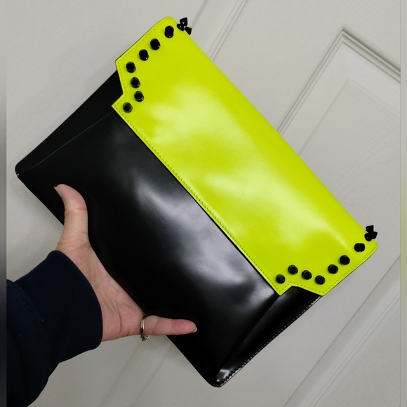 MCM Handbags - MCM Spiked Clutch Black And Neon Yellow